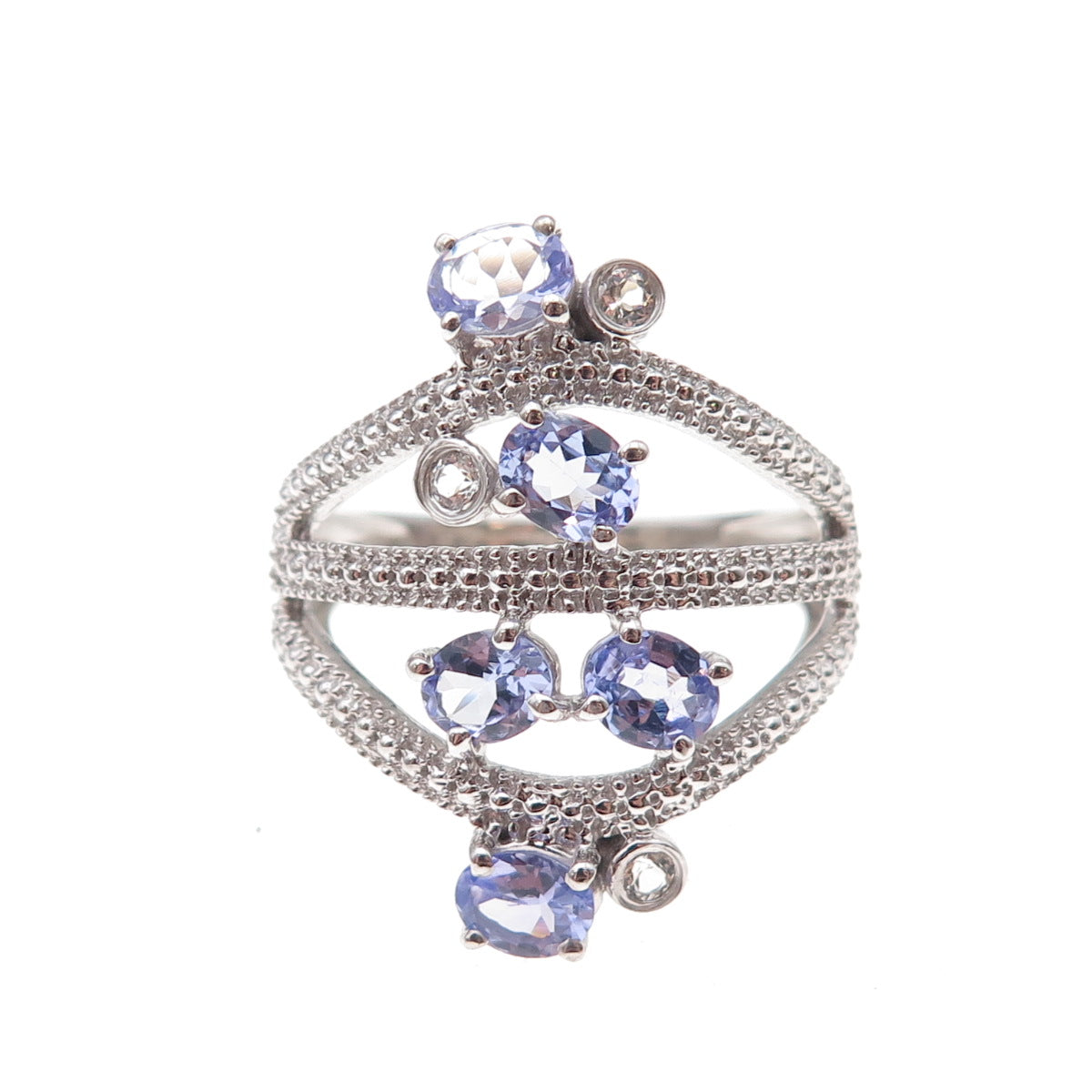 925 Sterling Silver Real Oval-Cut Tanzanite & Round-Cut White Topaz Ring Size 8