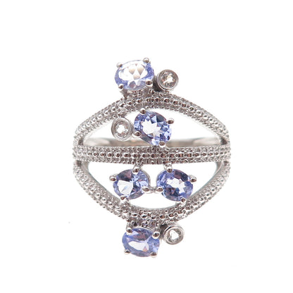925 Sterling Silver Real Oval-Cut Tanzanite & Round-Cut White Topaz Ring Size 8