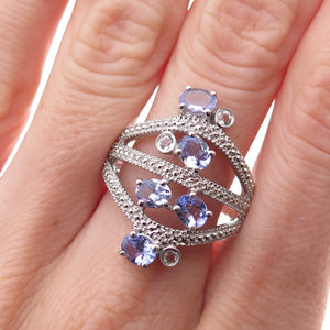 925 Sterling Silver Real Oval-Cut Tanzanite & Round-Cut White Topaz Ring Size 8
