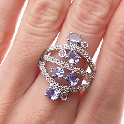 925 Sterling Silver Real Oval-Cut Tanzanite & Round-Cut White Topaz Ring Size 8