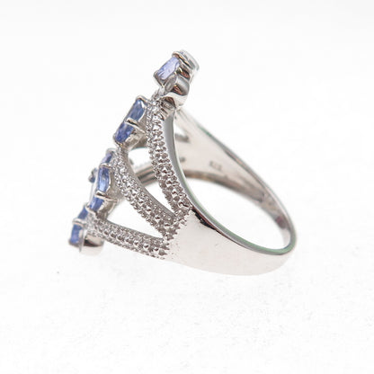 925 Sterling Silver Real Oval-Cut Tanzanite & Round-Cut White Topaz Ring Size 8