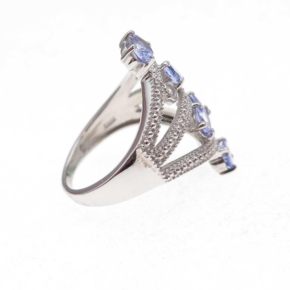 925 Sterling Silver Real Oval-Cut Tanzanite & Round-Cut White Topaz Ring Size 8