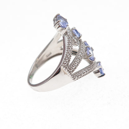 925 Sterling Silver Real Oval-Cut Tanzanite & Round-Cut White Topaz Ring Size 8