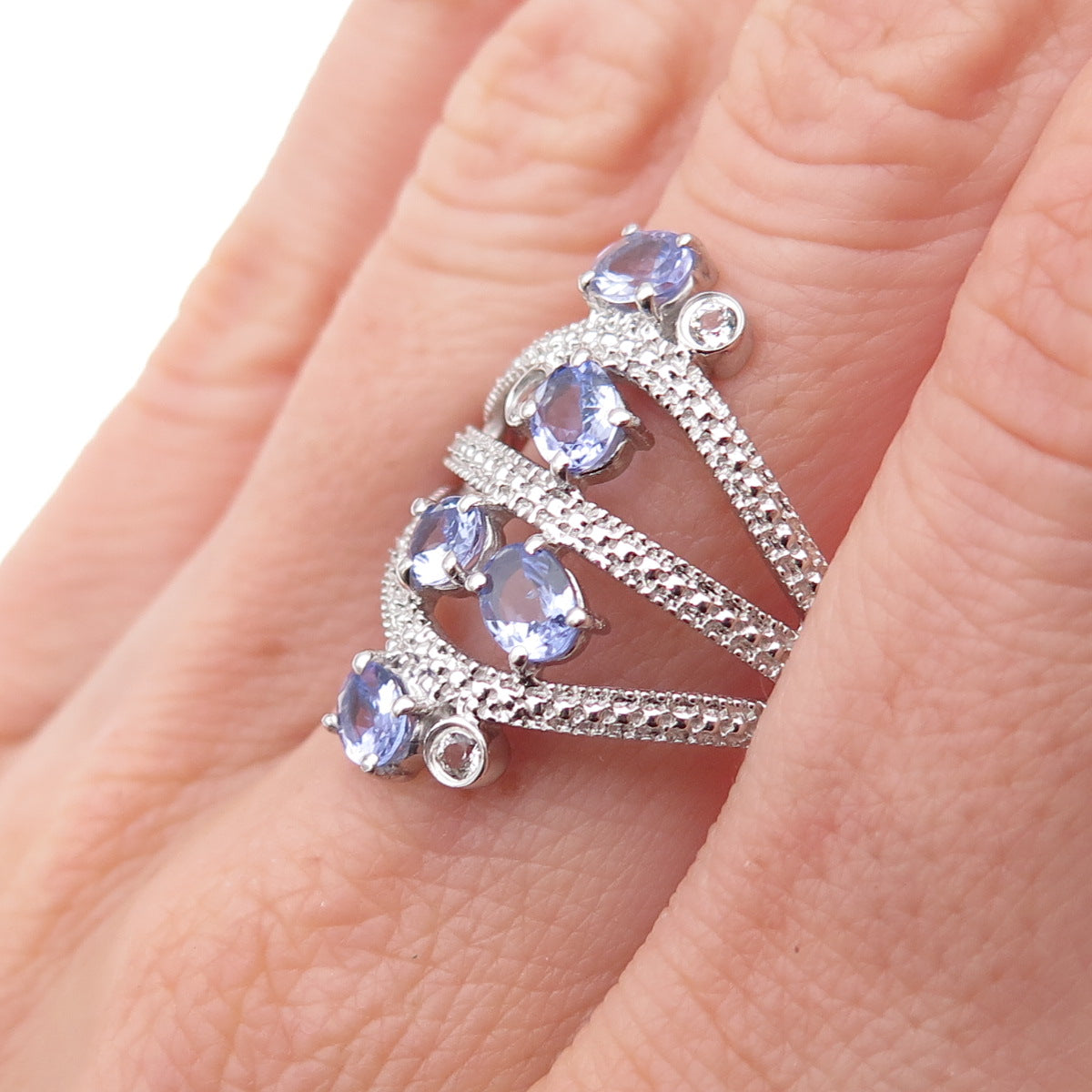 925 Sterling Silver Real Oval-Cut Tanzanite & Round-Cut White Topaz Ring Size 8