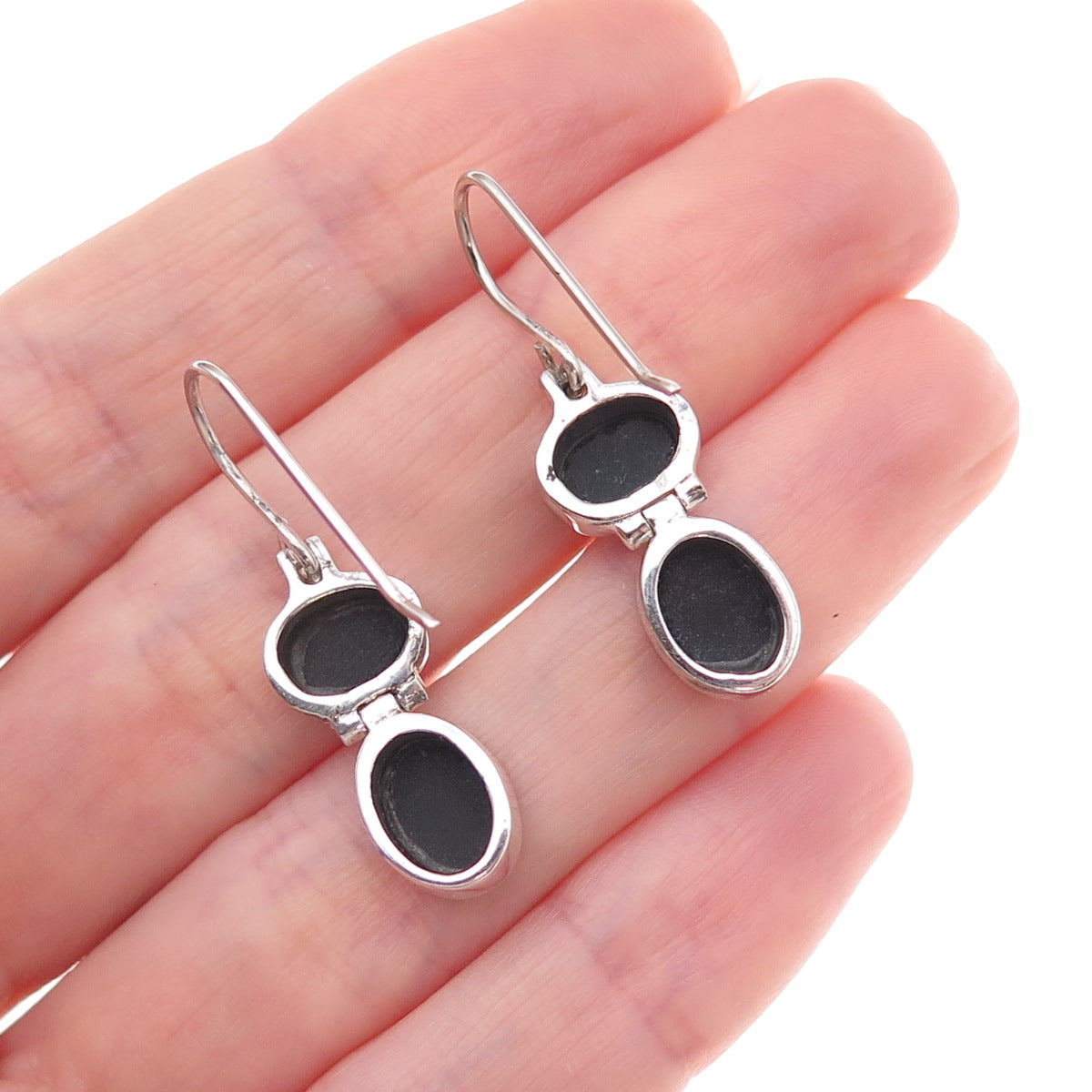 925 Sterling Silver Vintage Real Black Onyx Dangle Earrings