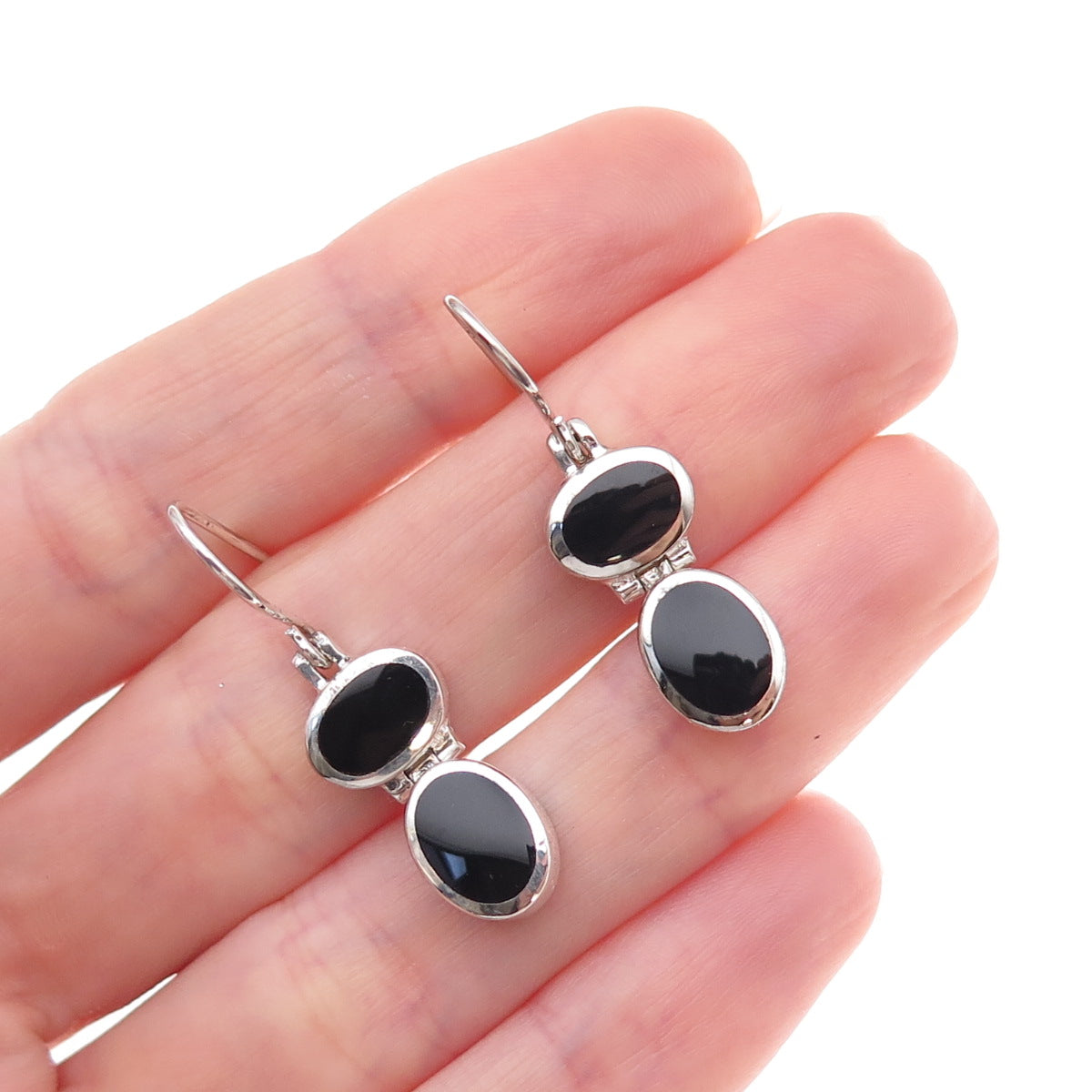 925 Sterling Silver Vintage Real Black Onyx Dangle Earrings