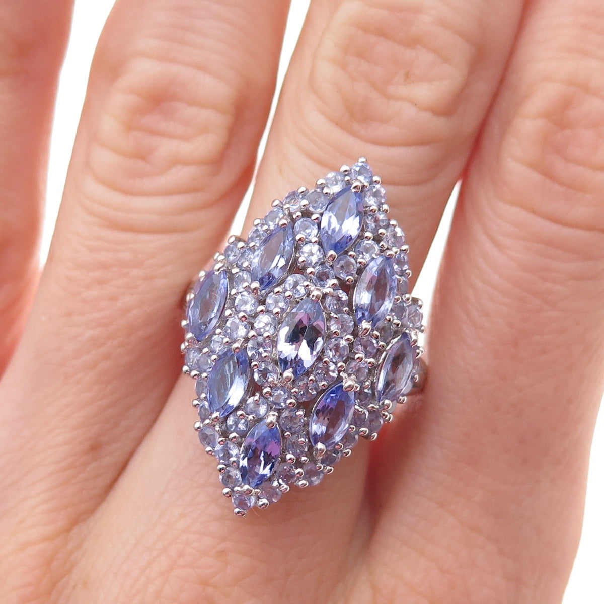 Chuck Clemency Sterling Silver Real Marquise & Round-Cut Tanzanite Ring Size 8