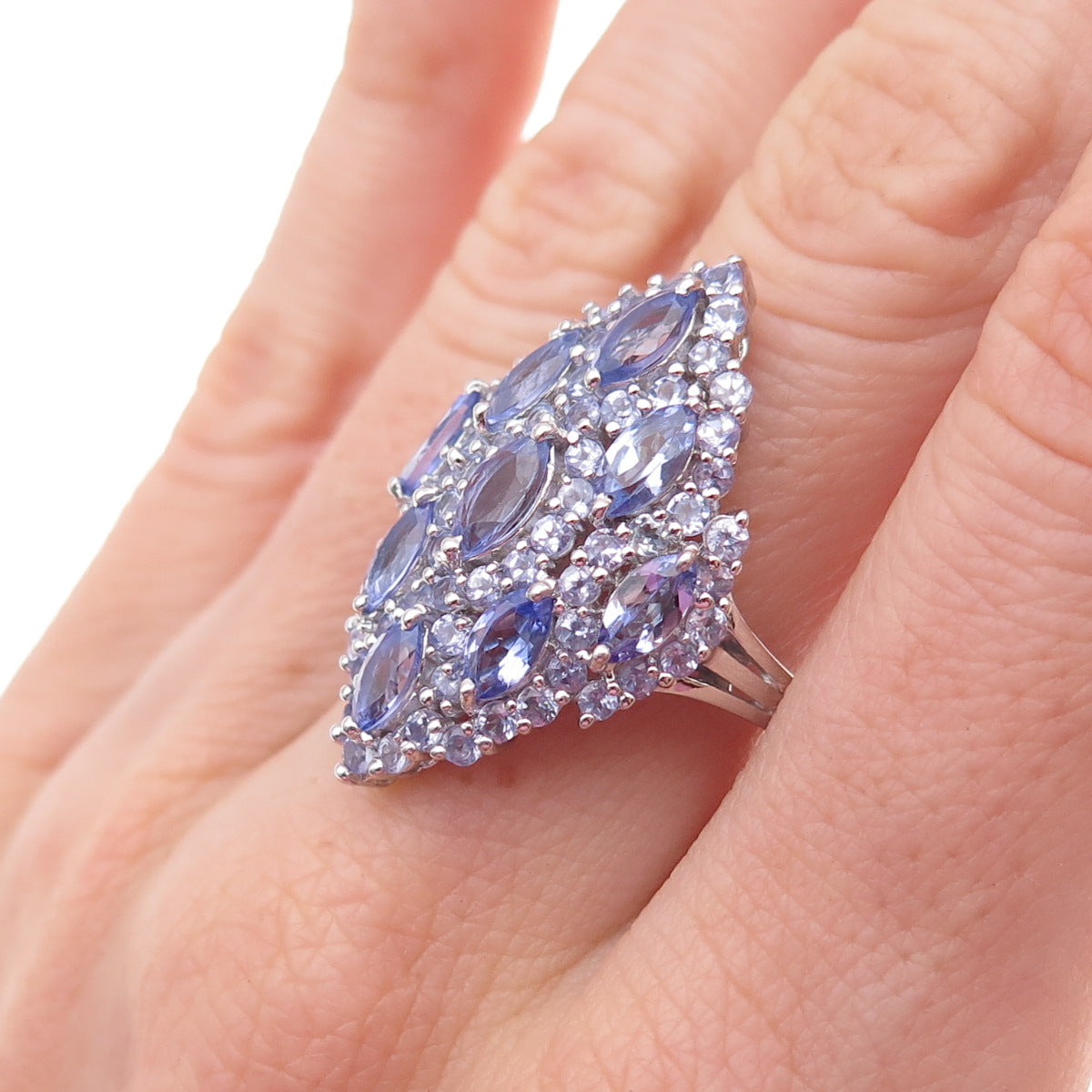 Chuck Clemency Sterling Silver Real Marquise & Round-Cut Tanzanite Ring Size 8
