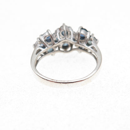 925 Sterling Silver Vintage Real Round-Cut Sapphire & C Z Flower Ring Size 4.75