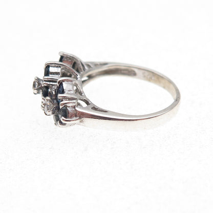 925 Sterling Silver Vintage Real Round-Cut Sapphire & C Z Flower Ring Size 4.75