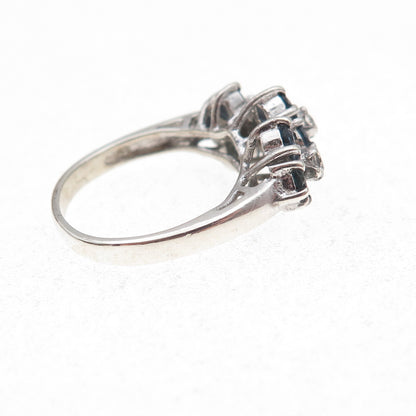 925 Sterling Silver Vintage Real Round-Cut Sapphire & C Z Flower Ring Size 4.75