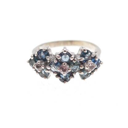 925 Sterling Silver Vintage Real Round-Cut Sapphire & C Z Flower Ring Size 4.75