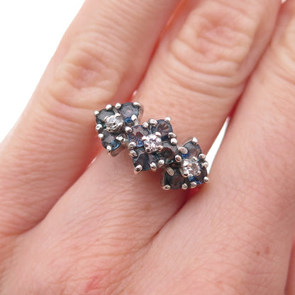 925 Sterling Silver Vintage Real Round-Cut Sapphire & C Z Flower Ring Size 4.75