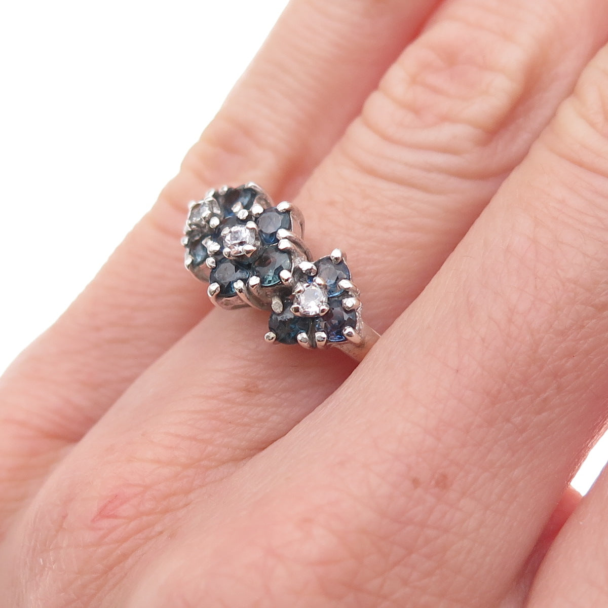 925 Sterling Silver Vintage Real Round-Cut Sapphire & C Z Flower Ring Size 4.75