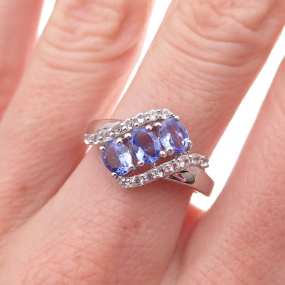 925 Sterling Silver Real Tanzanite & White Topaz Bypass Ring Size 8