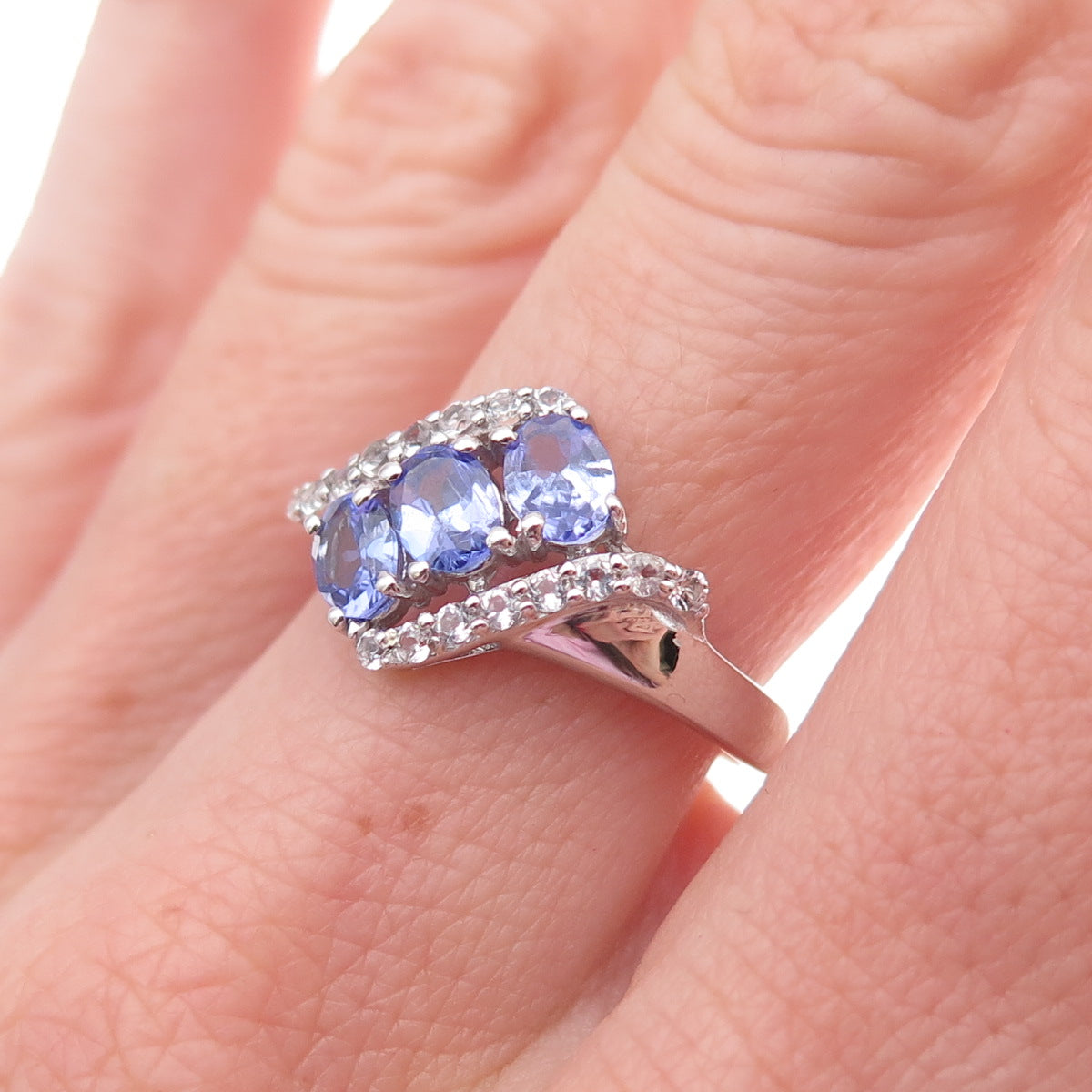 925 Sterling Silver Real Tanzanite & White Topaz Bypass Ring Size 8