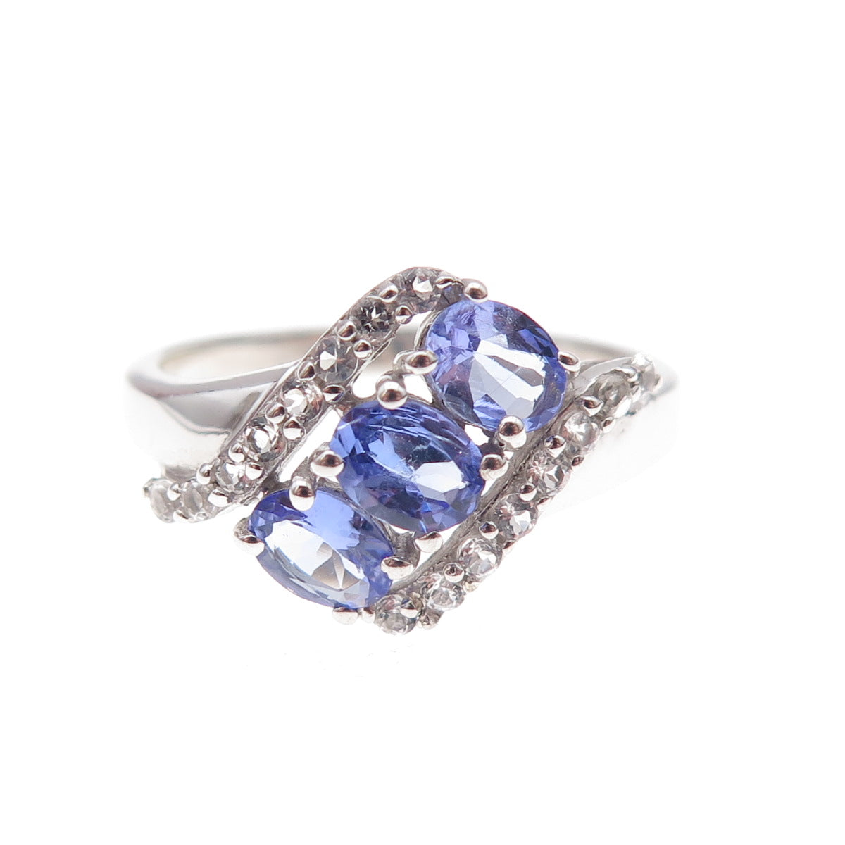 925 Sterling Silver Real Tanzanite & White Topaz Bypass Ring Size 8