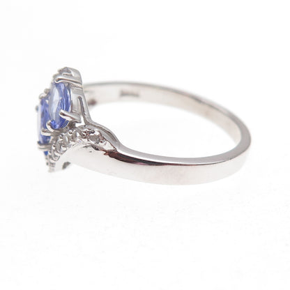 925 Sterling Silver Real Tanzanite & White Topaz Bypass Ring Size 8