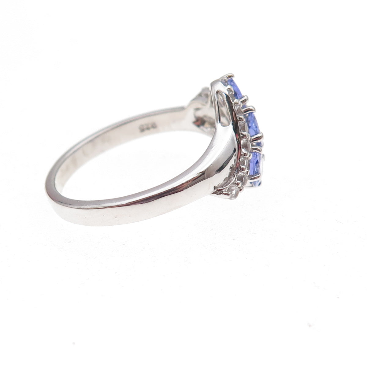 925 Sterling Silver Real Tanzanite & White Topaz Bypass Ring Size 8