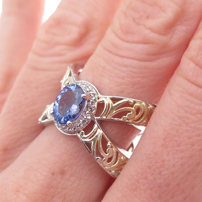 Chuck Clemency Sterling Silver 2-Tone Real Tanzanite & White Topaz Ring Size 7.5