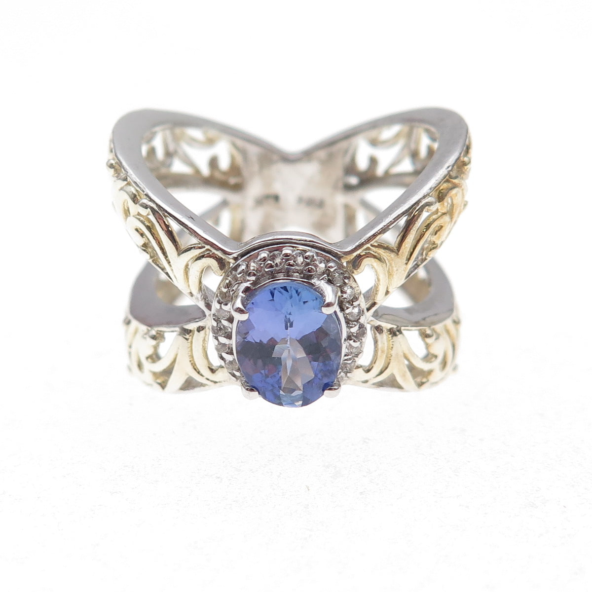 Chuck Clemency Sterling Silver 2-Tone Real Tanzanite & White Topaz Ring Size 7.5