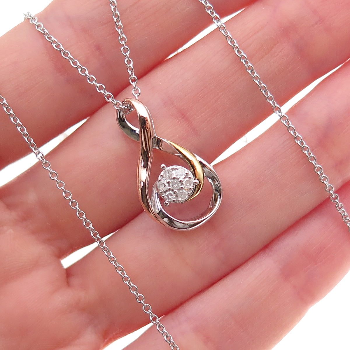 925 Sterling Silver 3-Tone Real Diamond Infinity Cable Chain Necklace 18"