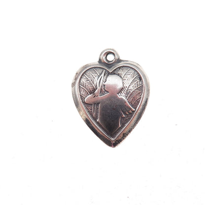 925 Sterling Silver Antique Art Deco Cupid Heart Chatelaine Charm Pendant