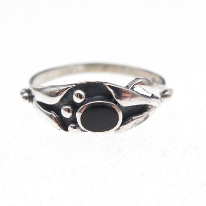 925 Sterling Silver Vintage Real Black Onyx Modernist Oxidized Ring Size 7.75