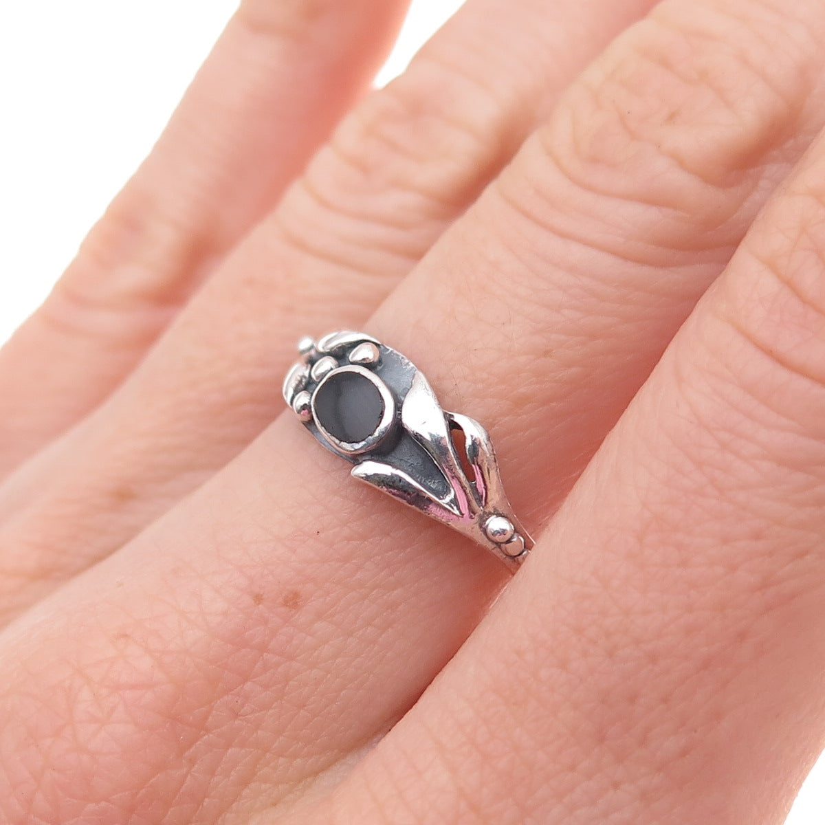 925 Sterling Silver Vintage Real Black Onyx Modernist Oxidized Ring Size 7.75