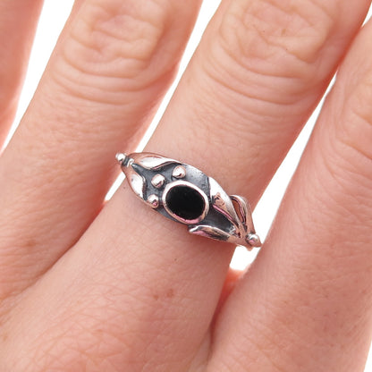 925 Sterling Silver Vintage Real Black Onyx Modernist Oxidized Ring Size 7.75