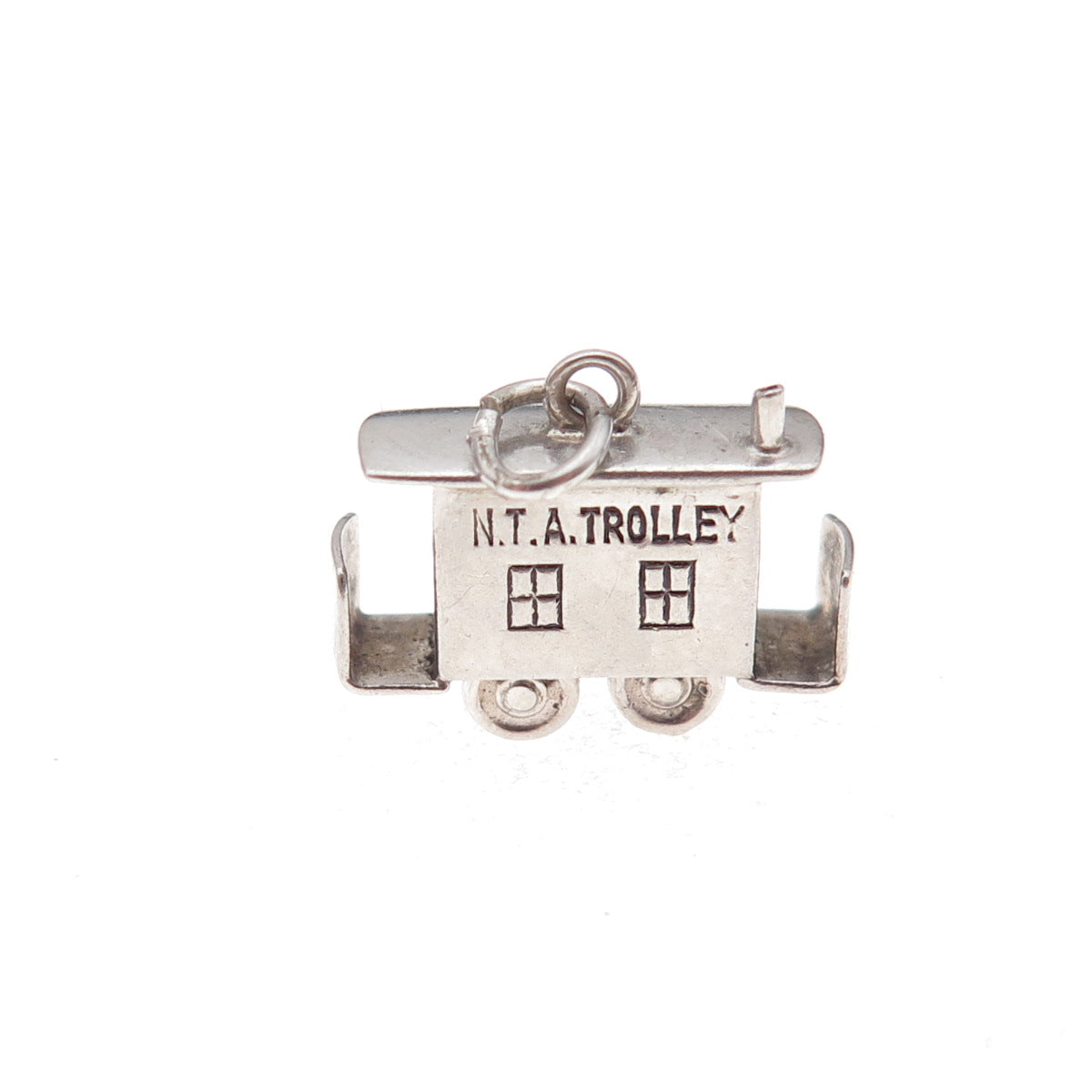 925 Sterling Silver Antique Art Deco N.T.A. Trolley Oxidized 3D Charm Pendant