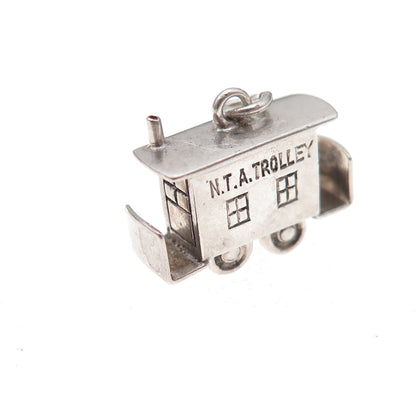 925 Sterling Silver Antique Art Deco N.T.A. Trolley Oxidized 3D Charm Pendant