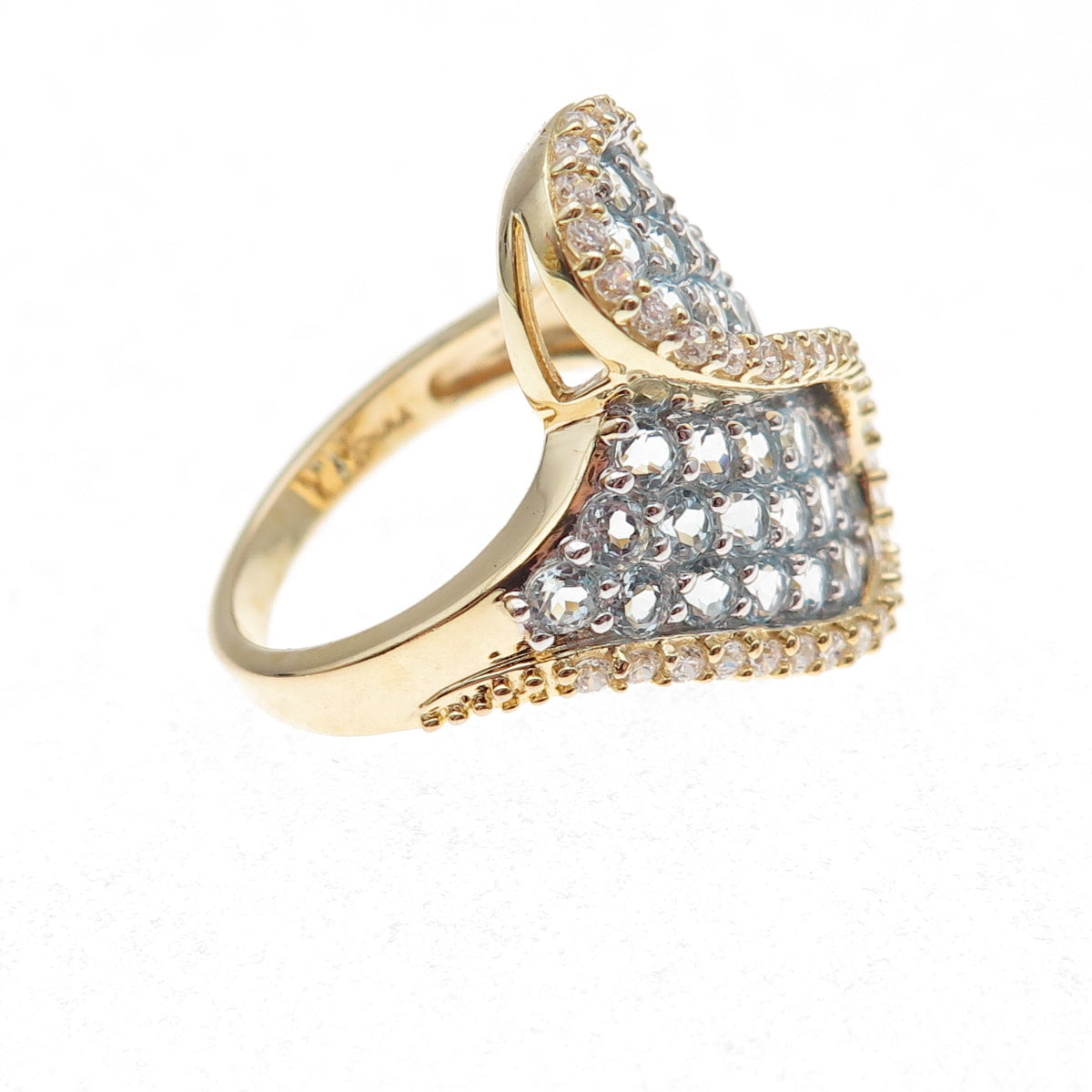 925 Sterling Silver Gold Plated Real Aquamarine & White Topaz Bypass Ring Size 8