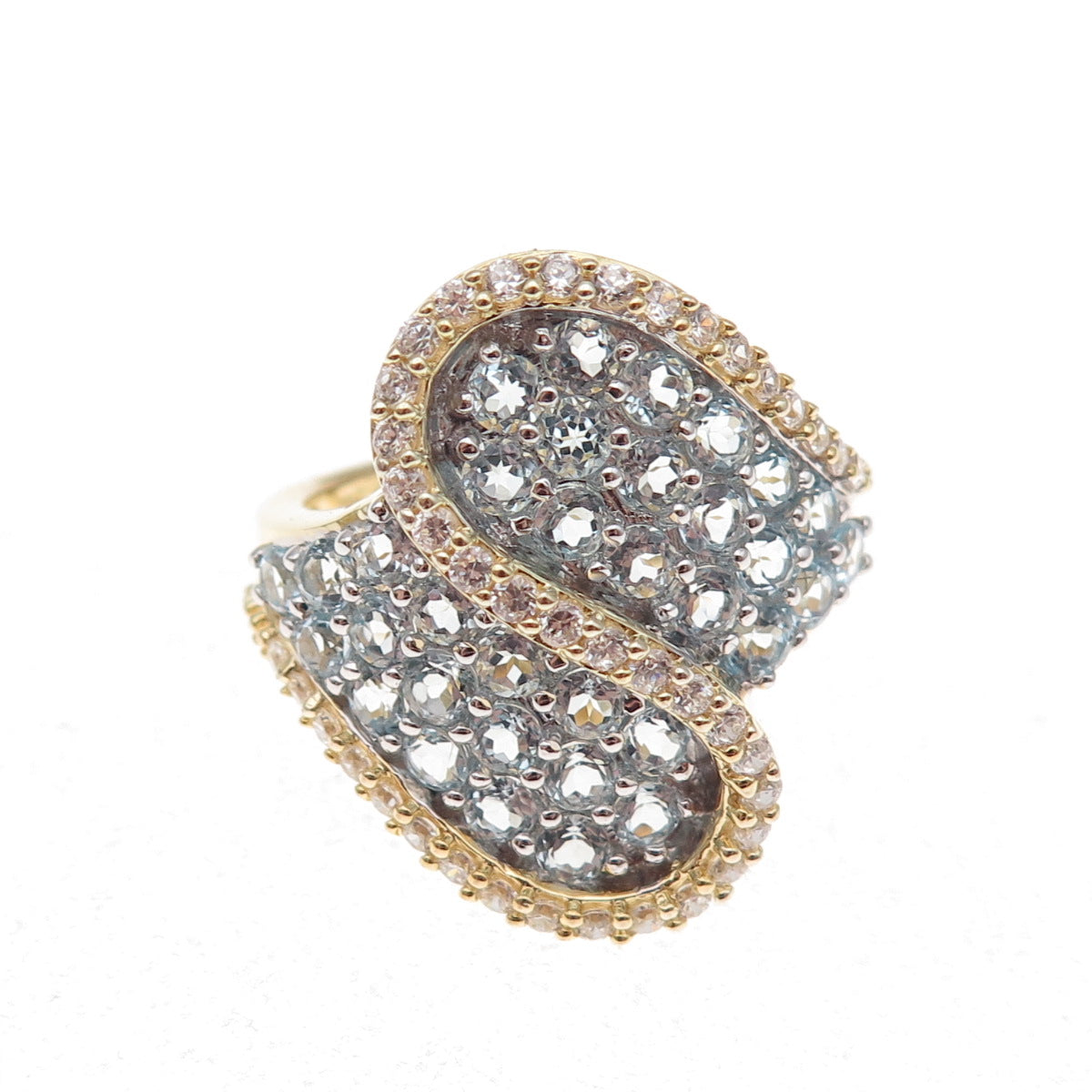 925 Sterling Silver Gold Plated Real Aquamarine & White Topaz Bypass Ring Size 8