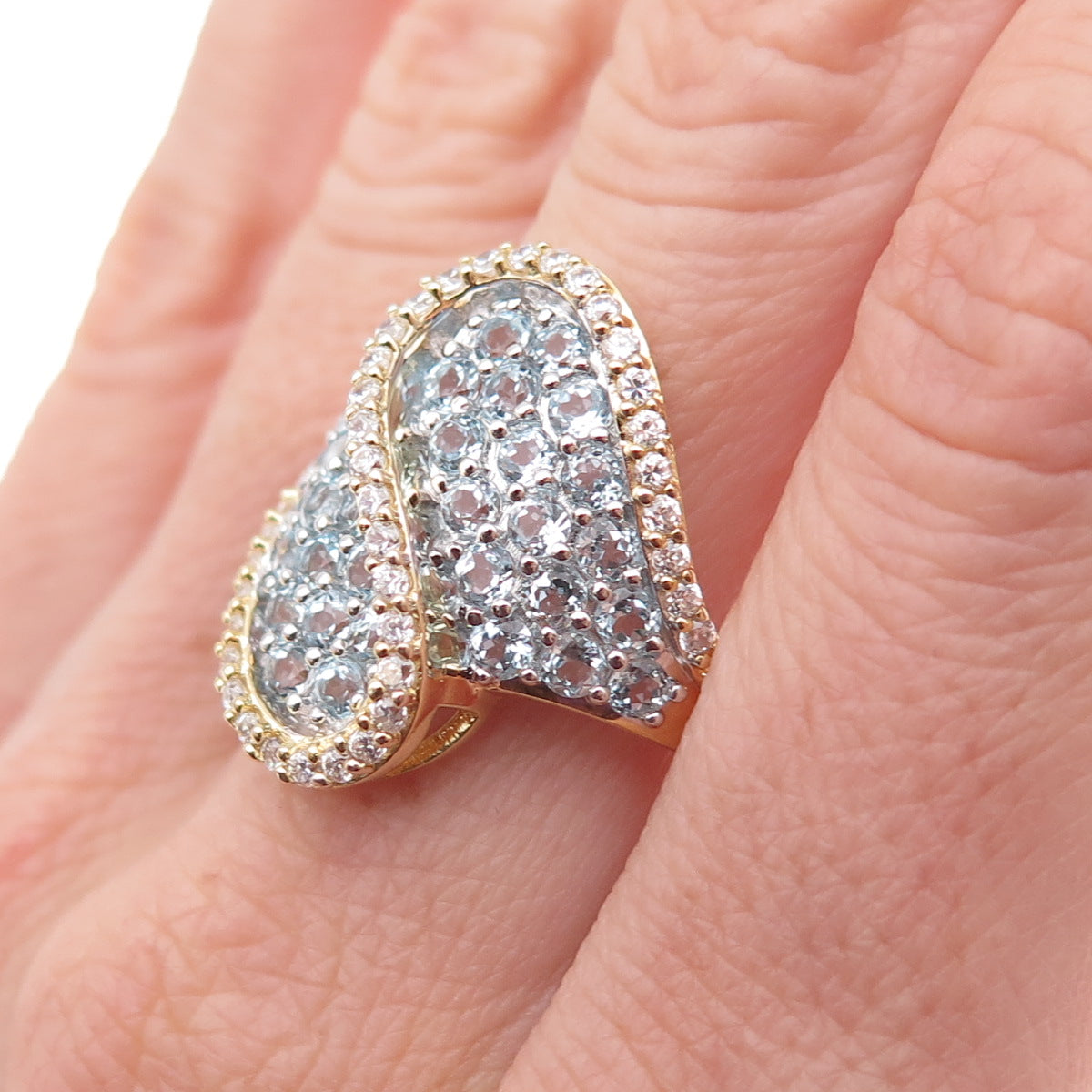 925 Sterling Silver Gold Plated Real Aquamarine & White Topaz Bypass Ring Size 8