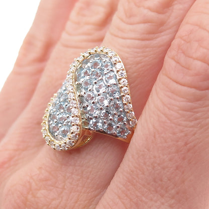 925 Sterling Silver Gold Plated Real Aquamarine & White Topaz Bypass Ring Size 8