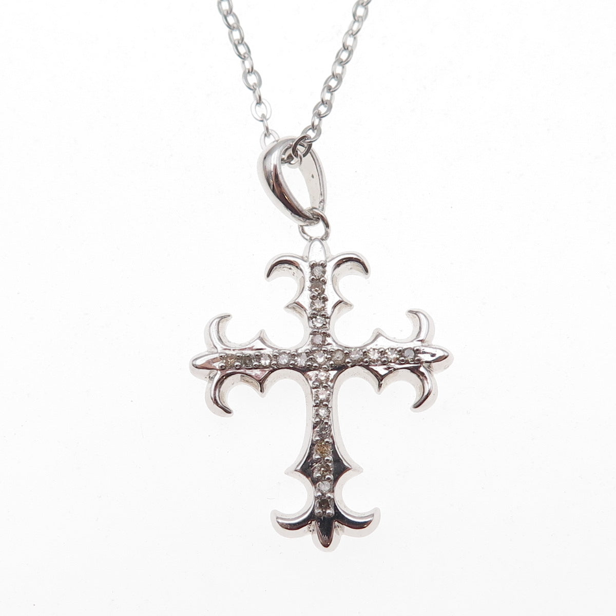 925 Sterling Silver Mexico Real Diamond Fleur de Lis Cross Chain Necklace 18"