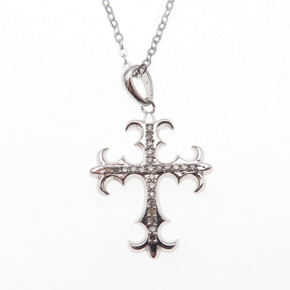 925 Sterling Silver Mexico Real Diamond Fleur de Lis Cross Chain Necklace 18"