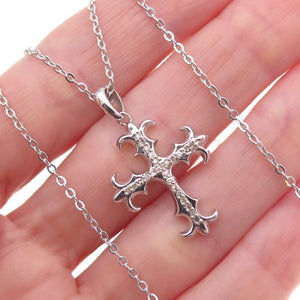 925 Sterling Silver Mexico Real Diamond Fleur de Lis Cross Chain Necklace 18"