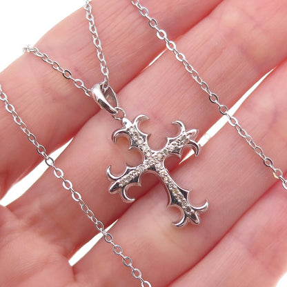 925 Sterling Silver Mexico Real Diamond Fleur de Lis Cross Chain Necklace 18"
