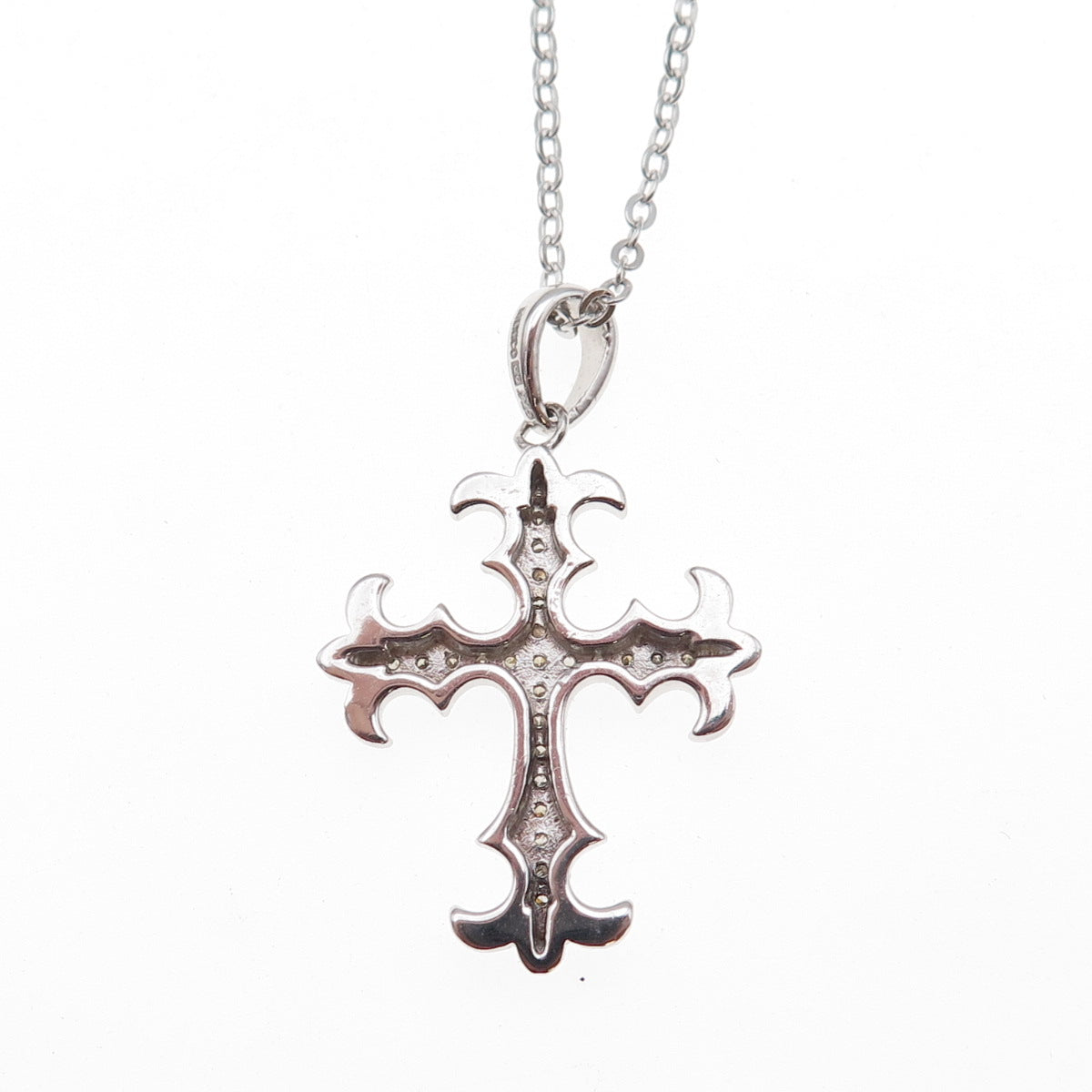 925 Sterling Silver Mexico Real Diamond Fleur de Lis Cross Chain Necklace 18"