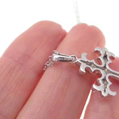 925 Sterling Silver Mexico Real Diamond Fleur de Lis Cross Chain Necklace 18"