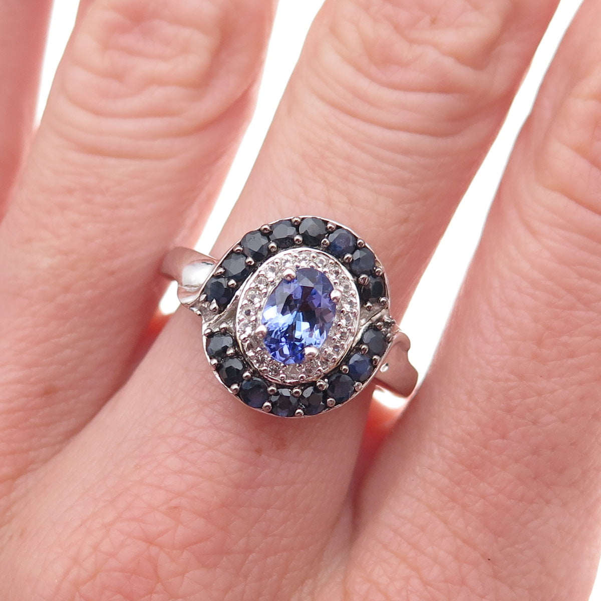 925 Sterling Silver Real Tanzanite Sapphire & White Topaz Ring Size 8