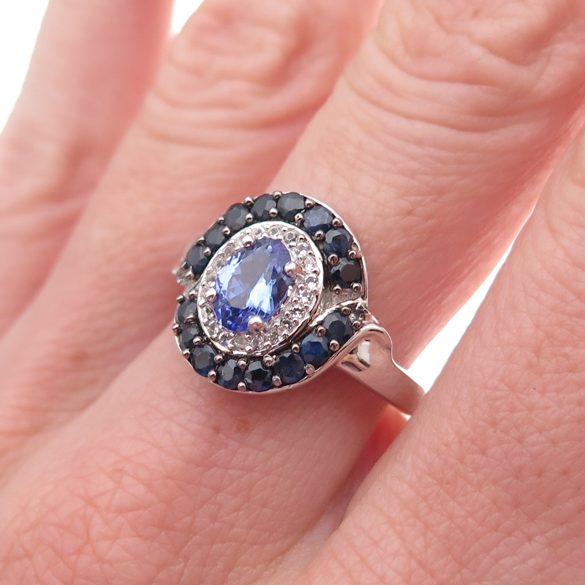 925 Sterling Silver Real Tanzanite Sapphire & White Topaz Ring Size 8