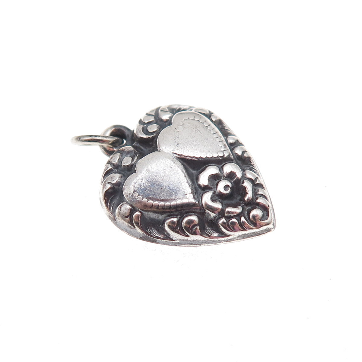 925 Sterling Silver Antique Art Deco Floral Couple Heart Chatelaine Pendant