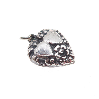 925 Sterling Silver Antique Art Deco Floral Couple Heart Chatelaine Pendant