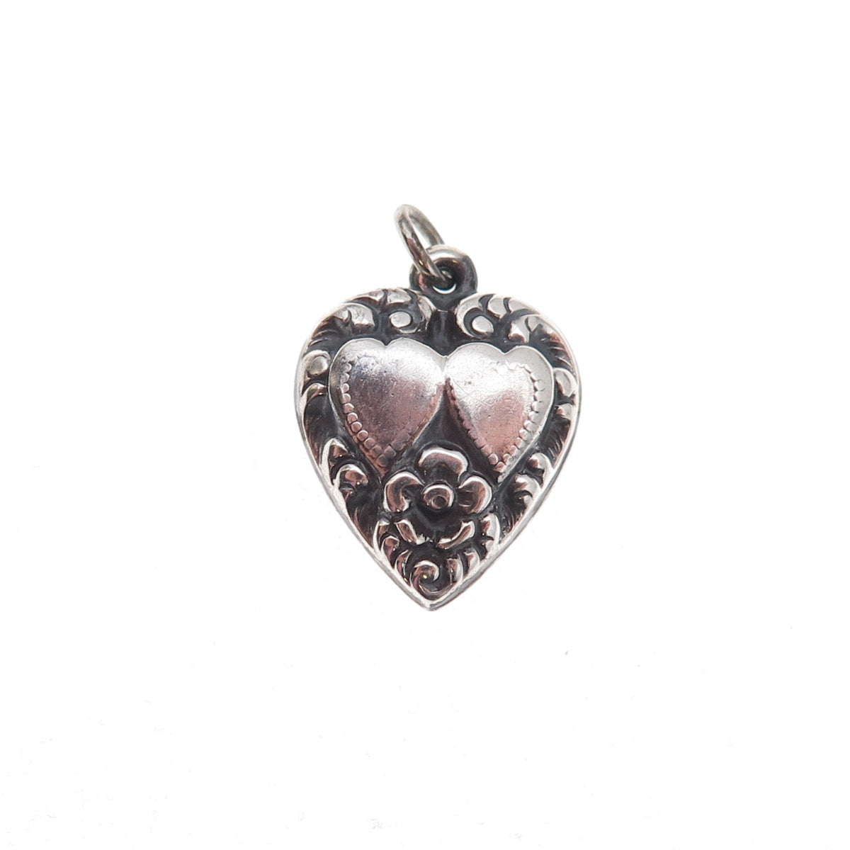 925 Sterling Silver Antique Art Deco Floral Couple Heart Chatelaine Pendant