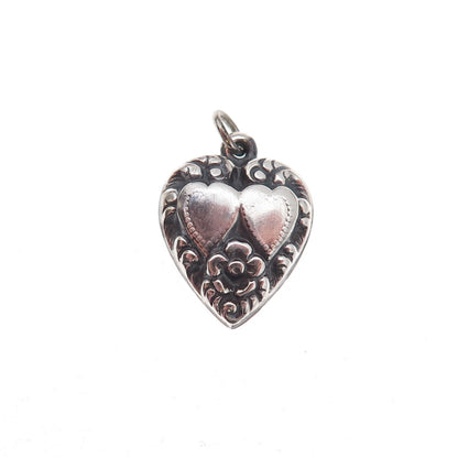 925 Sterling Silver Antique Art Deco Floral Couple Heart Chatelaine Pendant