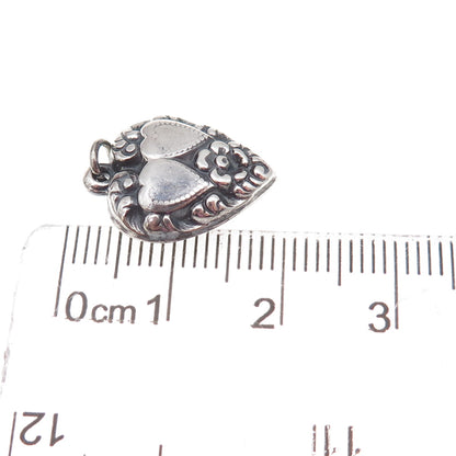 925 Sterling Silver Antique Art Deco Floral Couple Heart Chatelaine Pendant