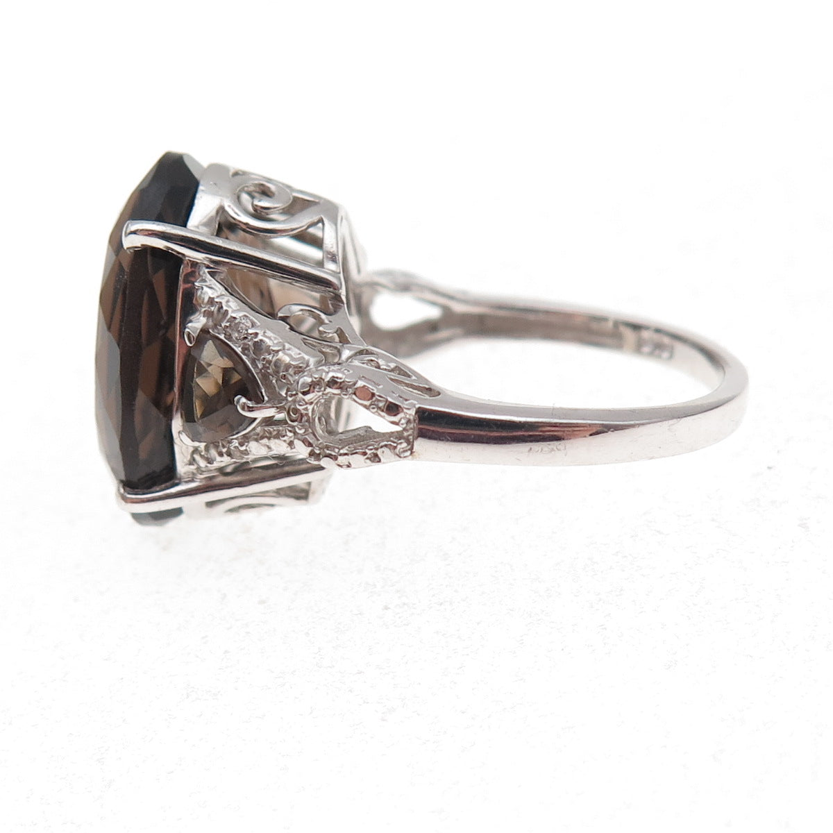 Chuck Clemency Sterling Silver Real Smoky Quartz & White Topaz Ring Size 7.75